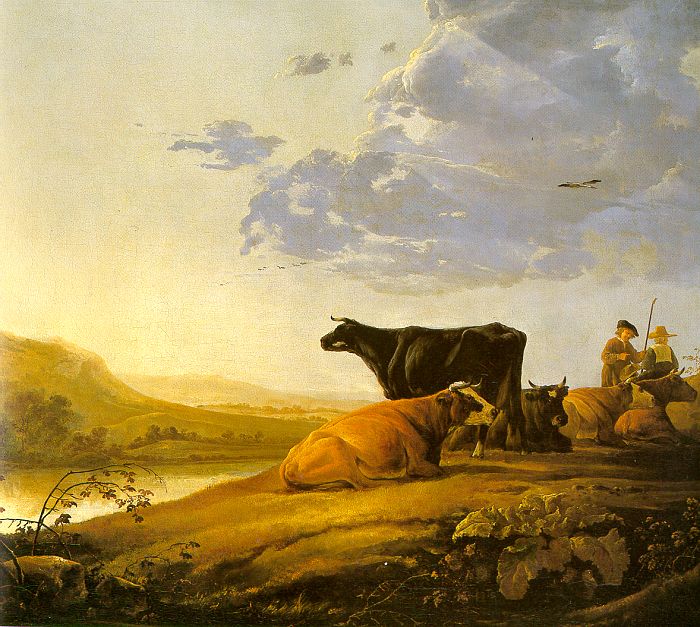 Young Herdsman with Cows by a River